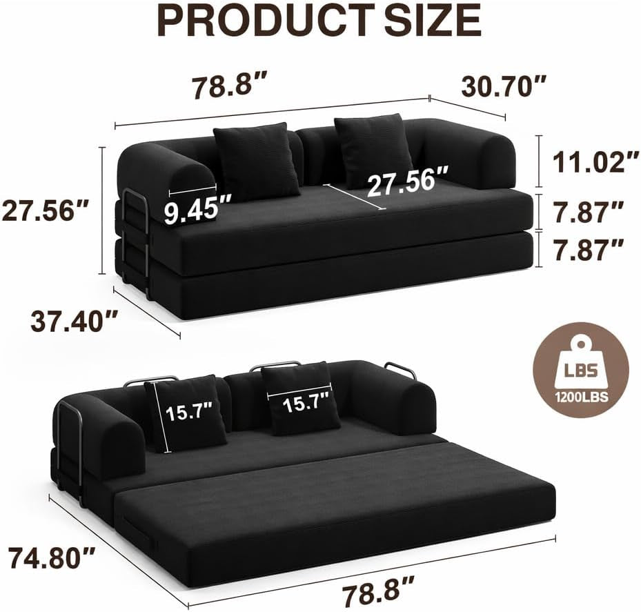 78.8 Inch Convertible Sofa Bed Removable Armrests