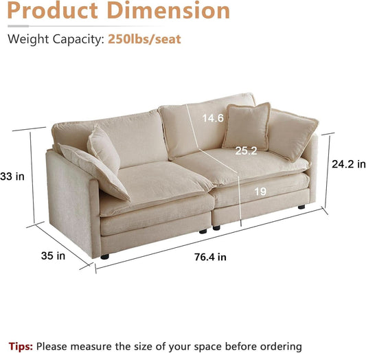 Chenille 76 Inch Loveseat Sofa Light Coffee Armrest Pillows-1