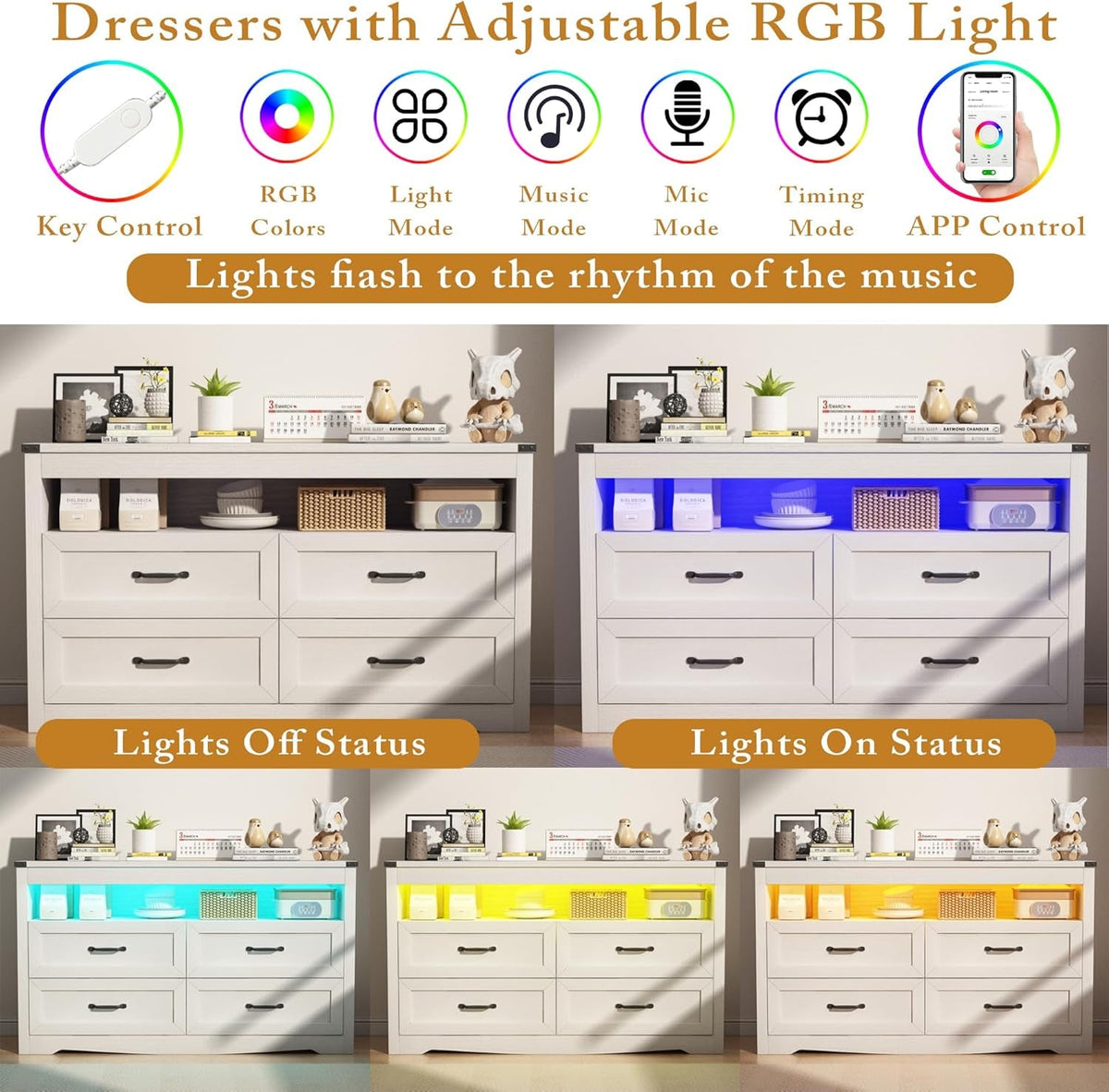 White Contemporary Wooden Dresser With LED Lighting
