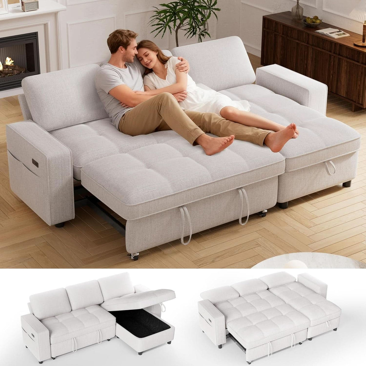 81 Inch Transformable Chenille Sleeper Sectional Sofa-0