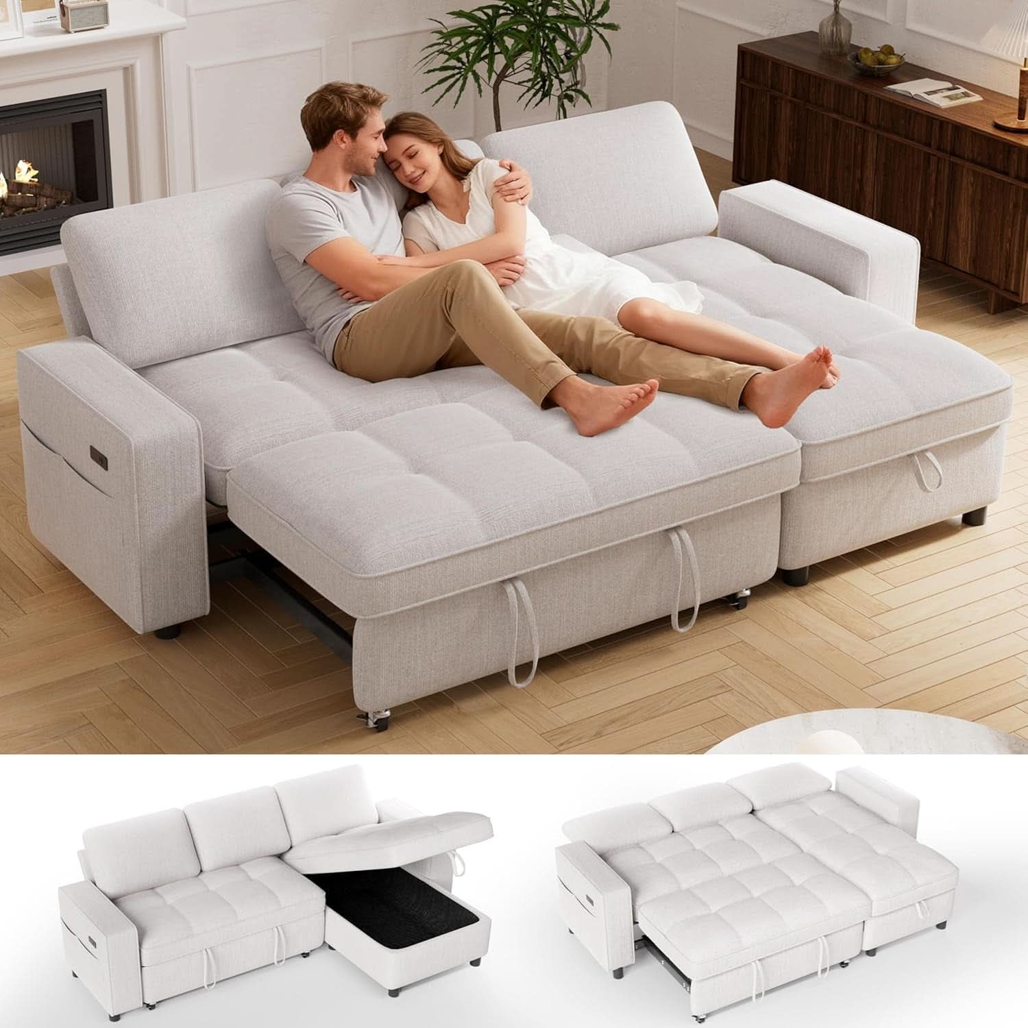 81 Inch Transformable Chenille Sleeper Sectional Sofa-0