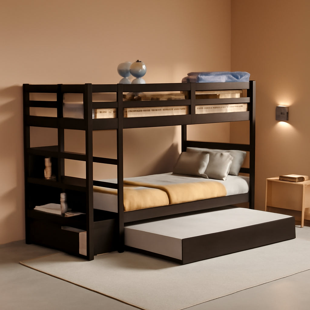 Espresso Solid wood Twin Bunk Bed With Trundle Storage