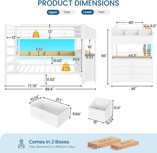 Twin Over Twin Metal Bunk Bed Integrated Storage Drawers