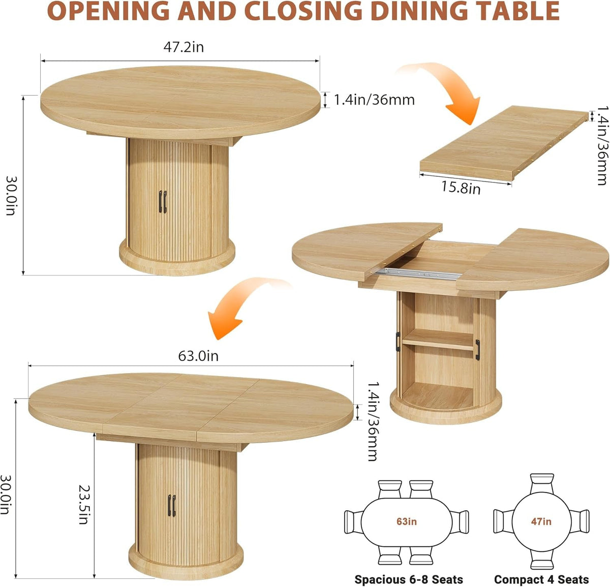Extendable Round Dining Table 47 Inch Natural Wood Finish