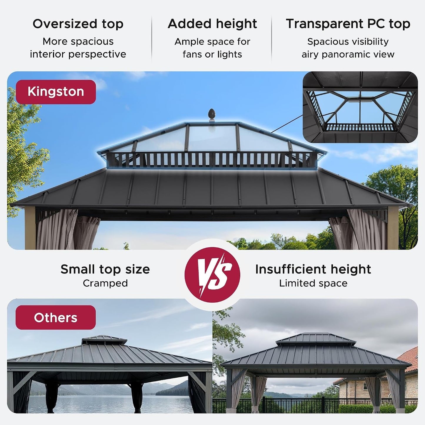 14x12 Hardtop Cedar Wood Gazebo Polycarbonate Roof Curtains Netting