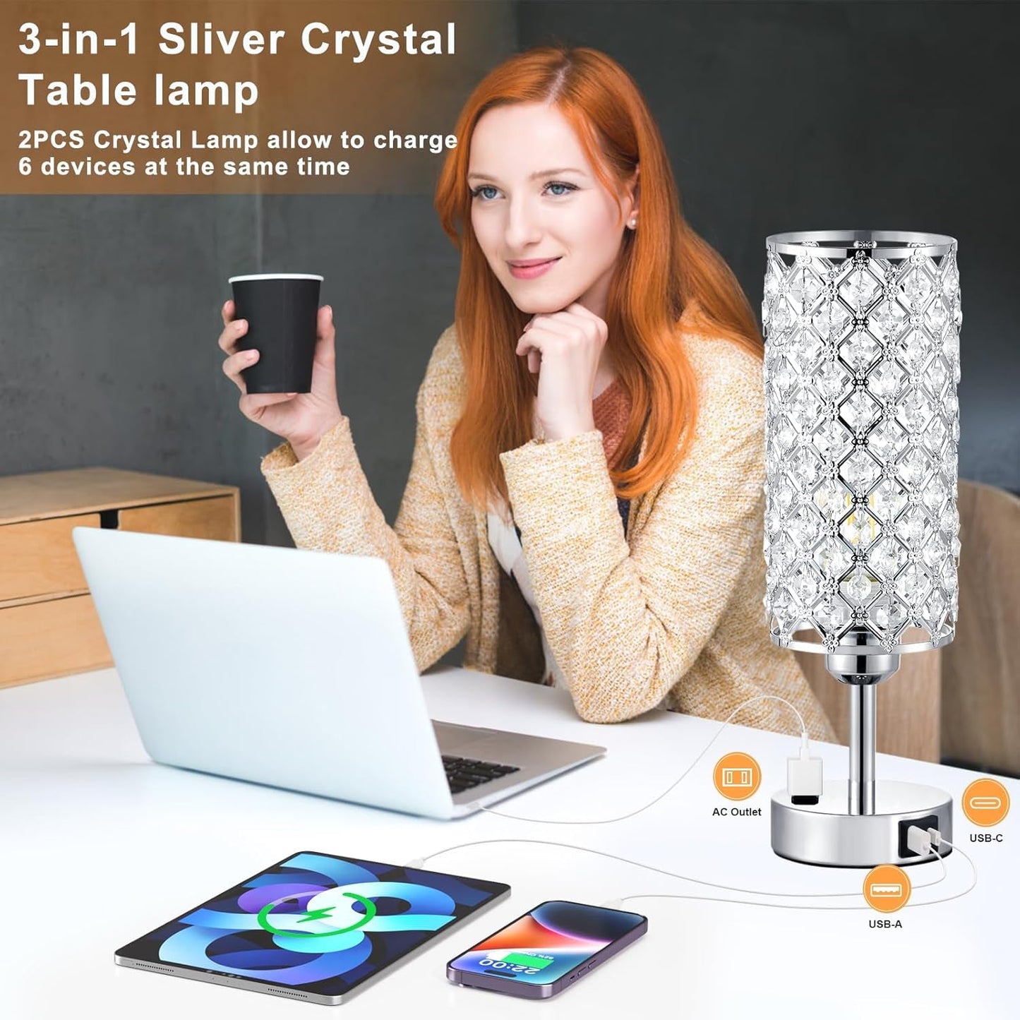 Crystal Diamond Nightstand Lamps Set Silvery Finish