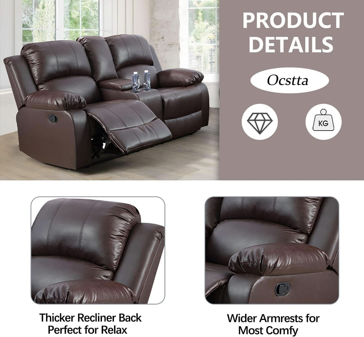 Manual Leather Recliner Sofa Set Brown For Living Room