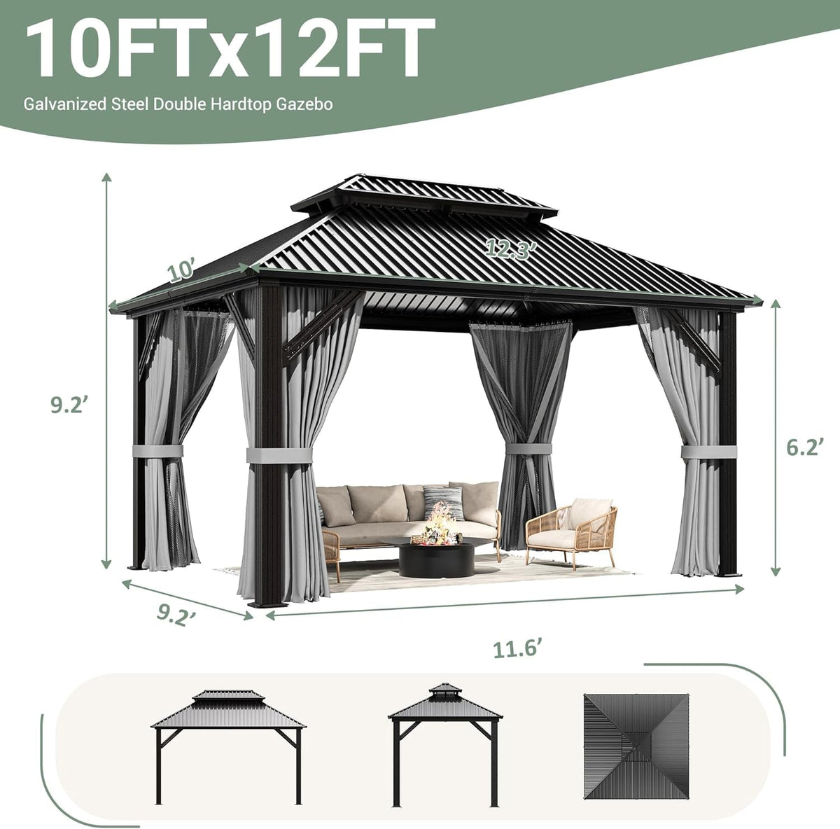 10x12 Gazebo Hardtop Aluminum Frame Galvanized Roof
