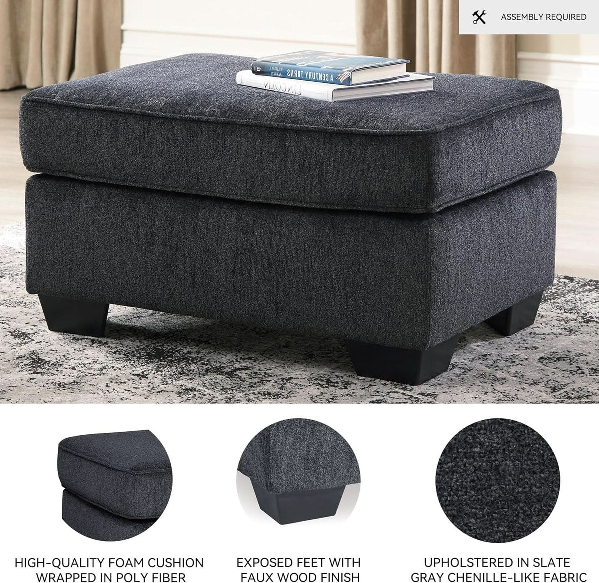 Dark Gray Modern Rectangular Chenille Upholstered Ottoman