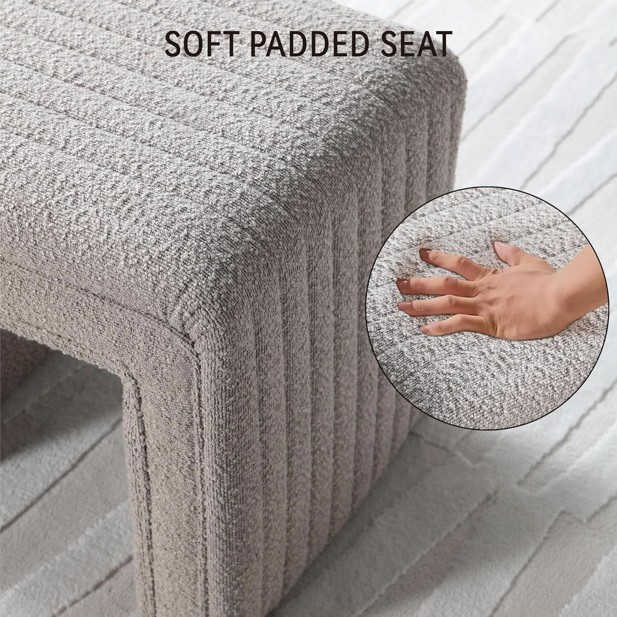 Taupe Boucle Vanity Ottoman Tufted Weathered Walnut