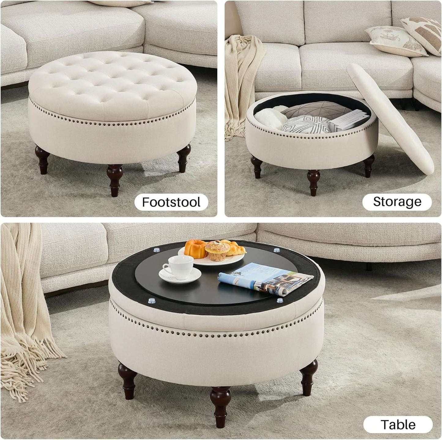 Large 31.5 Inches Round Storage Ottoman LinenBeige
