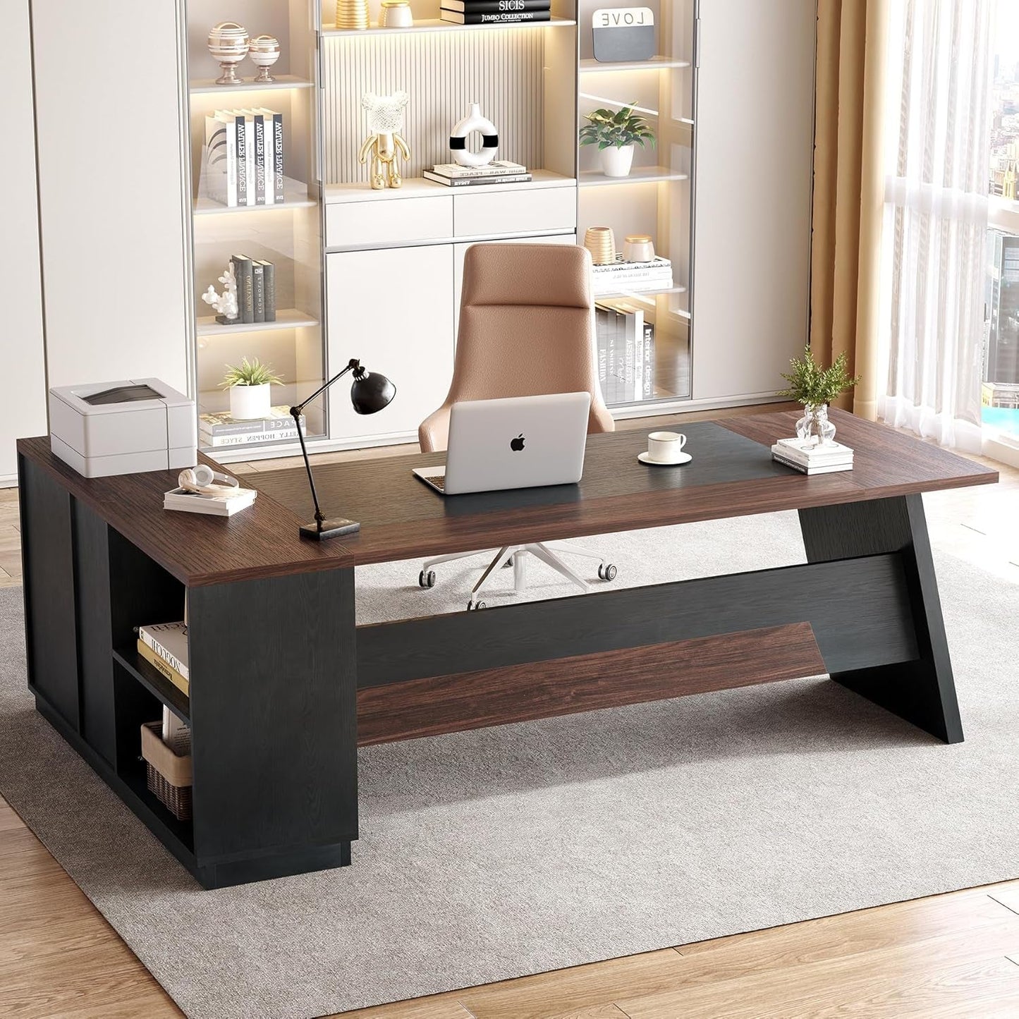Brown 78Inch Executive Desk Featuring File Cabinet