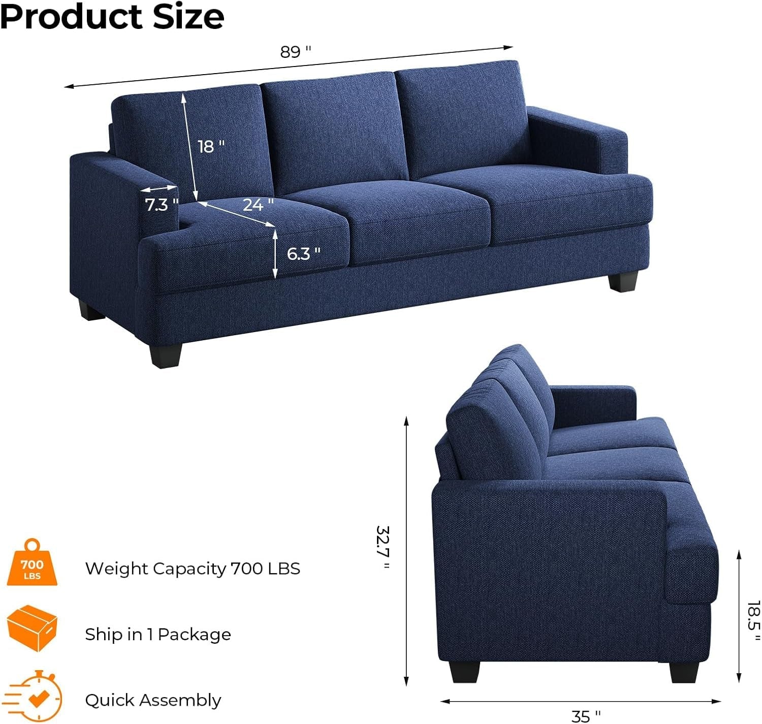 89 Inch Navy Blue Deep Seats Oversized Sofa Living Room-1
