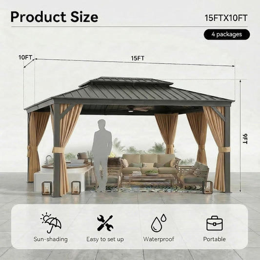 10x15 Hardtop Gazebo With Fireproof Curtain Netting