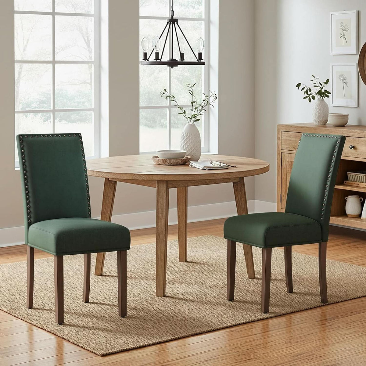 Green Velvet Upholstered Dining Chairs With Nailhead
