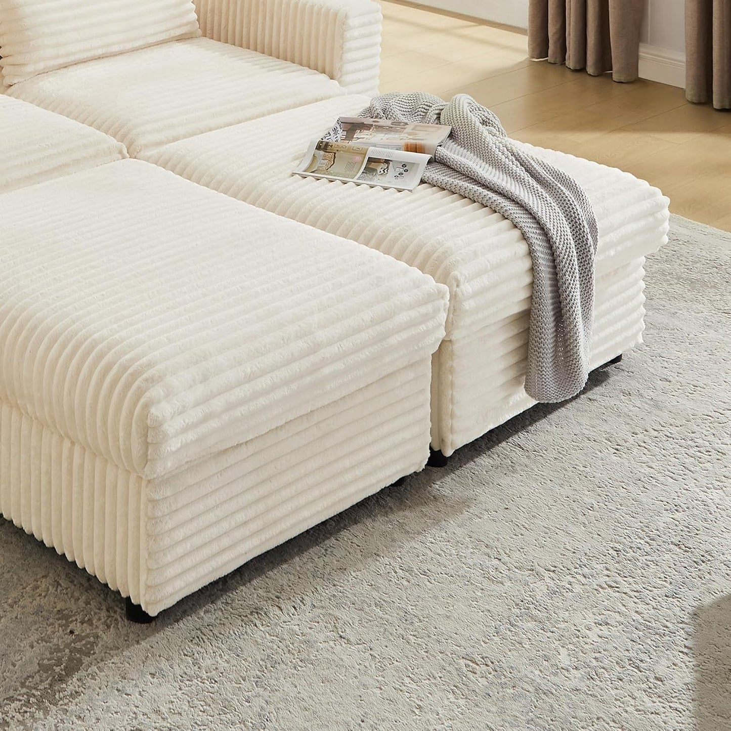 Corduroy Storage Ottoman Beige With Hidden Compartments