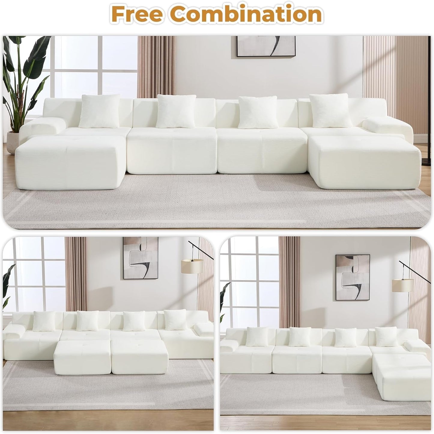 160 Inch White Corduroy Modular Sectional Sofa Set