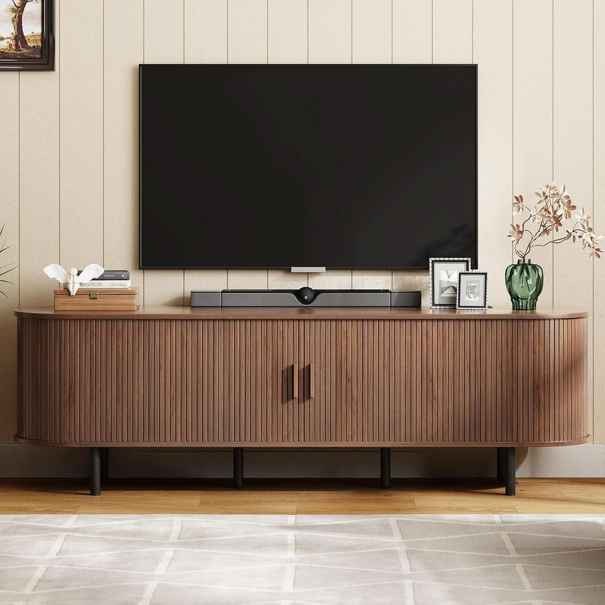 Walnut Seventy Inches TV Stand Sliding Doors Entertainment Center