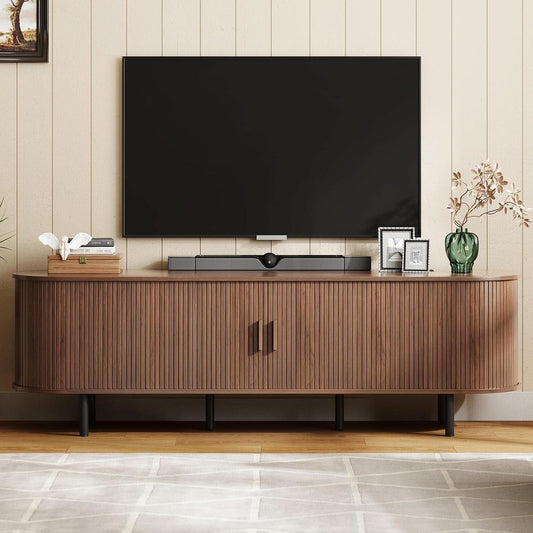 Walnut Seventy Inches TV Stand Sliding Doors Entertainment Center