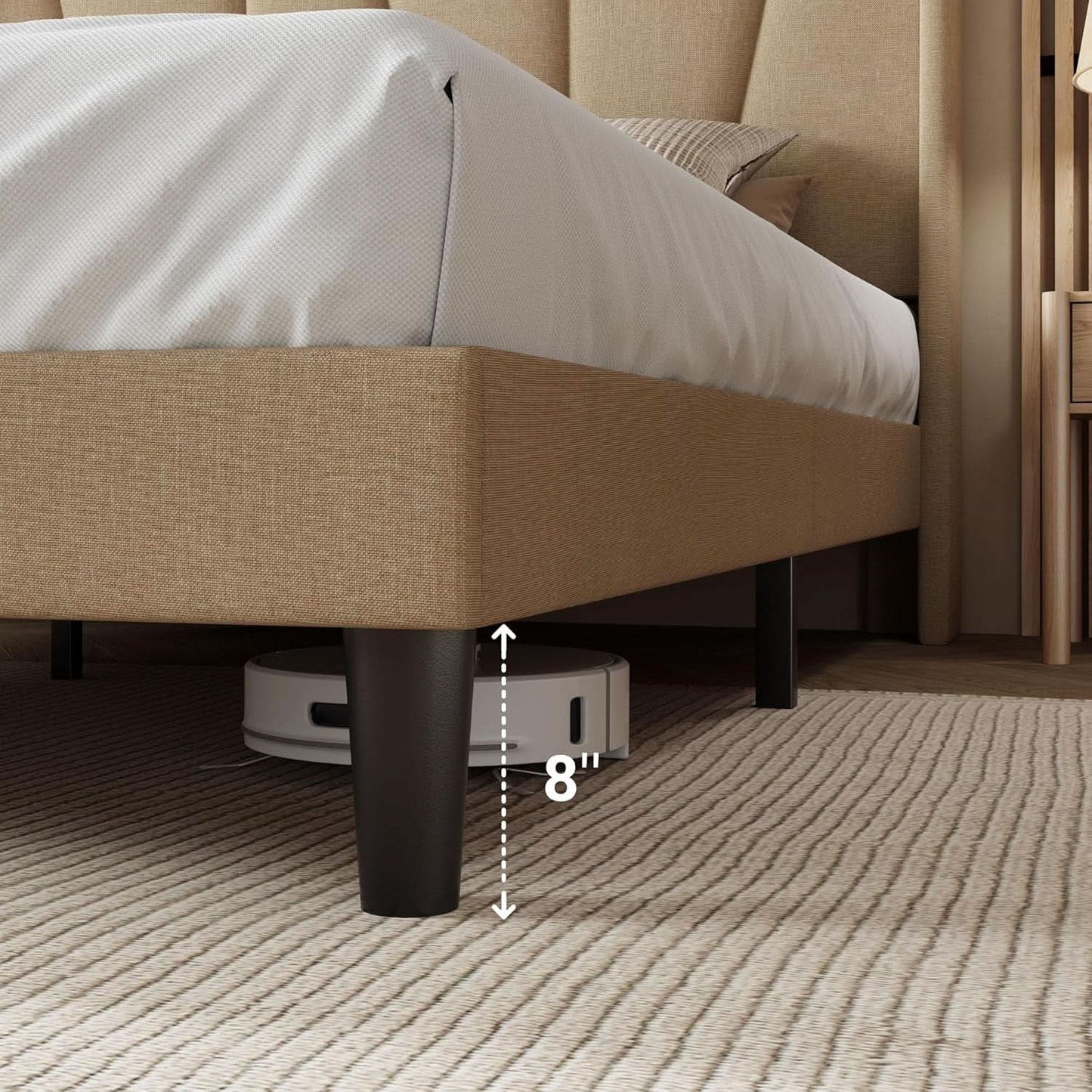 King Size Upholstered Bed Frame Beige Geometric Headboard