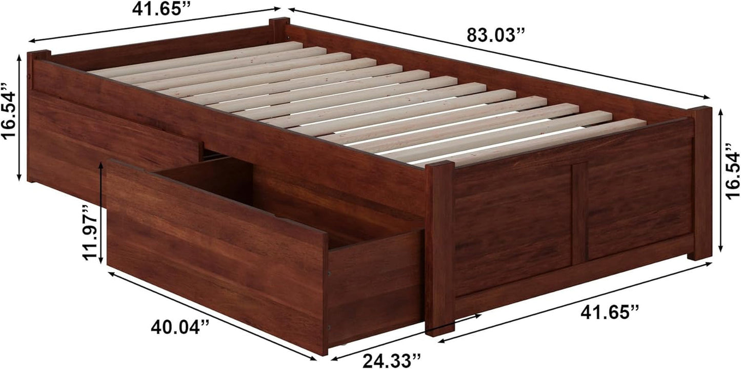 Twin XL Platform Bed With Authentic Walnut Finish Drawers