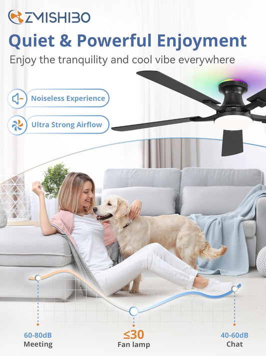 52 Inch Smart Black Ceiling Fan Energy Efficient Cooling