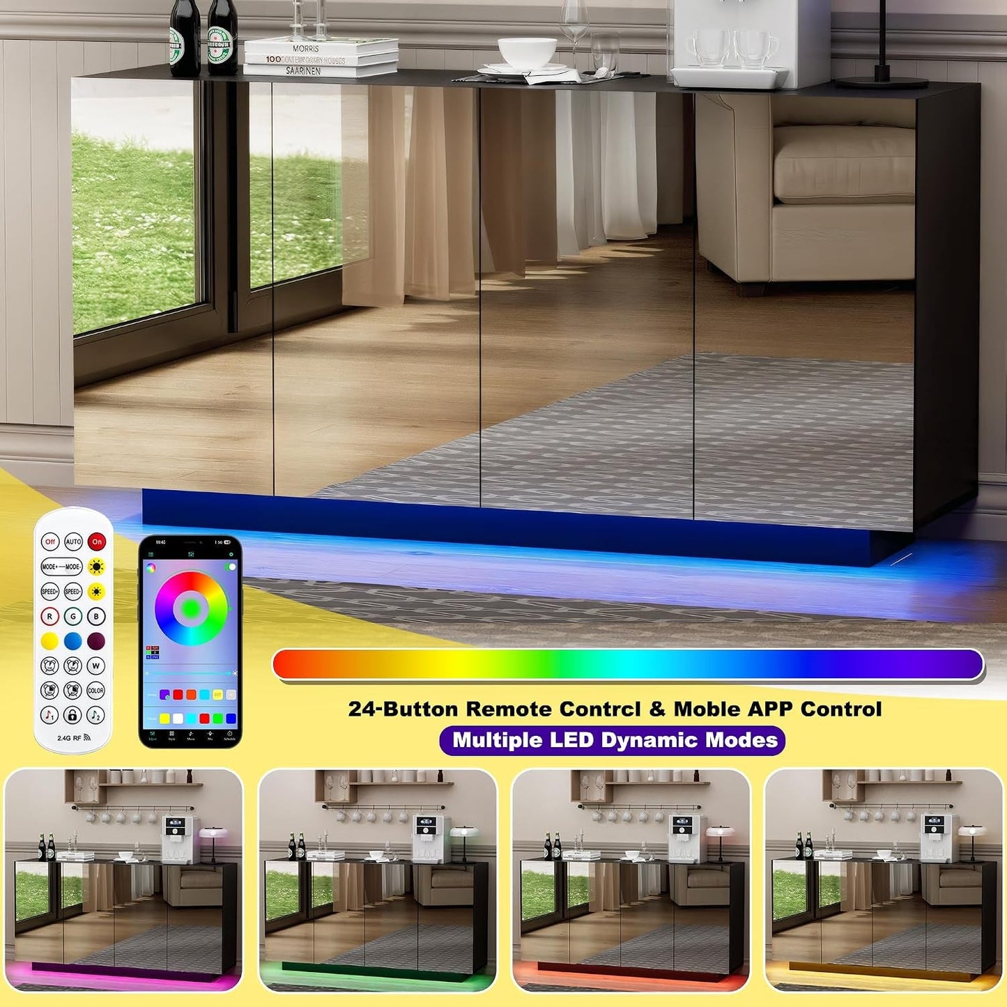 Black High Gloss Buffet Mirror Storage LED Charging
