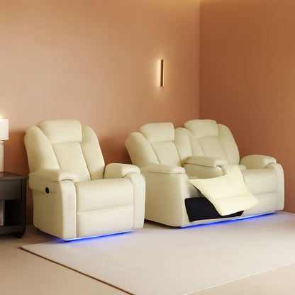 White Leather Power Reclining Sofa Set for Living Room
