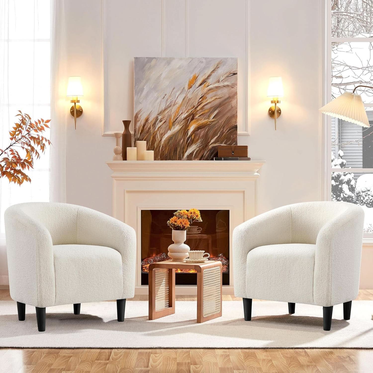 Ivory Barrel Chairs Boucle Living Room Duo Two Piece Set-1