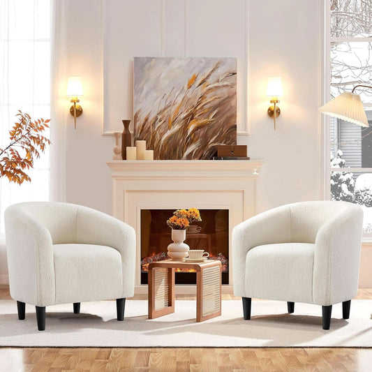 Ivory Barrel Chairs Boucle Living Room Duo Two Piece Set-1