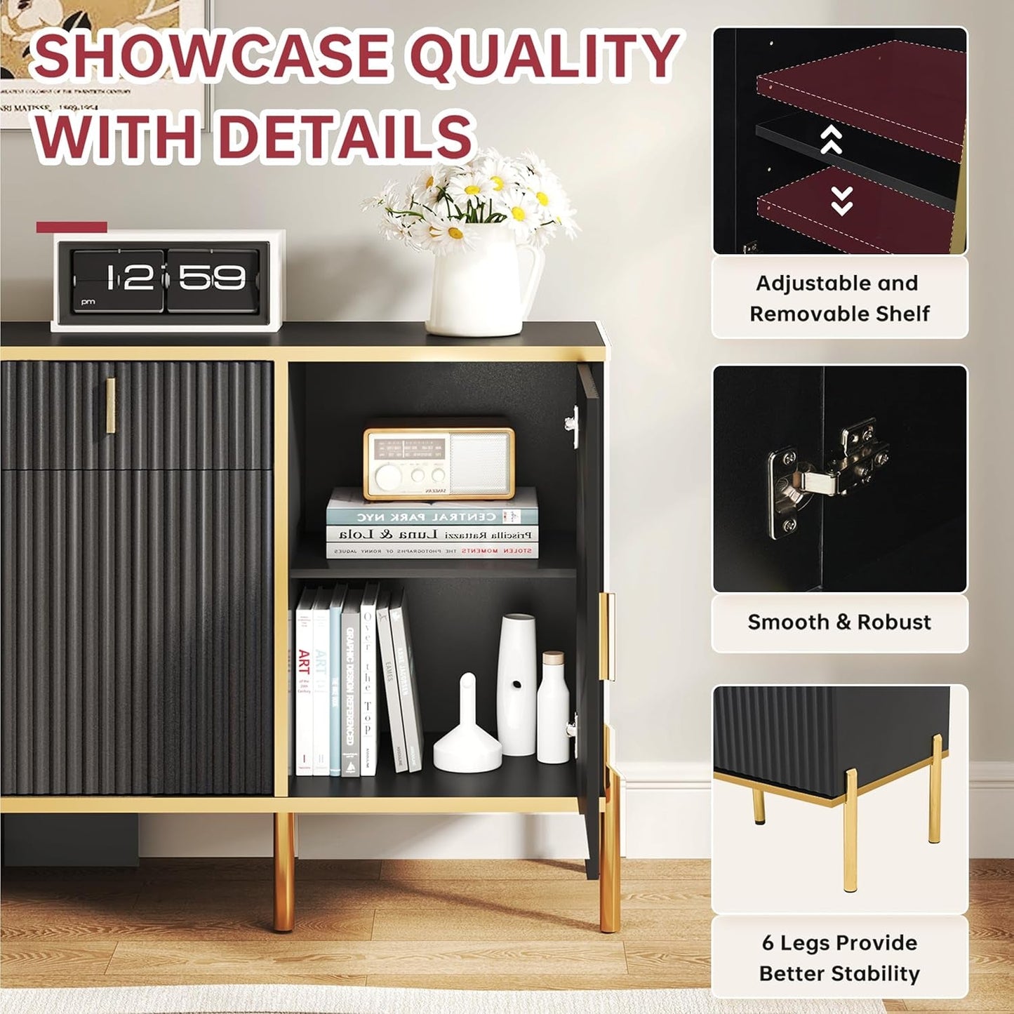 60Inch Black Fluted Buffet Cabinet Featuring Storage