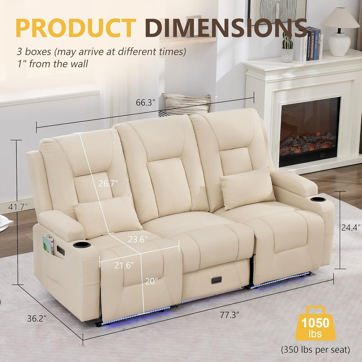 Power Loveseat Recliner Sofa Beige Ambient Lighting