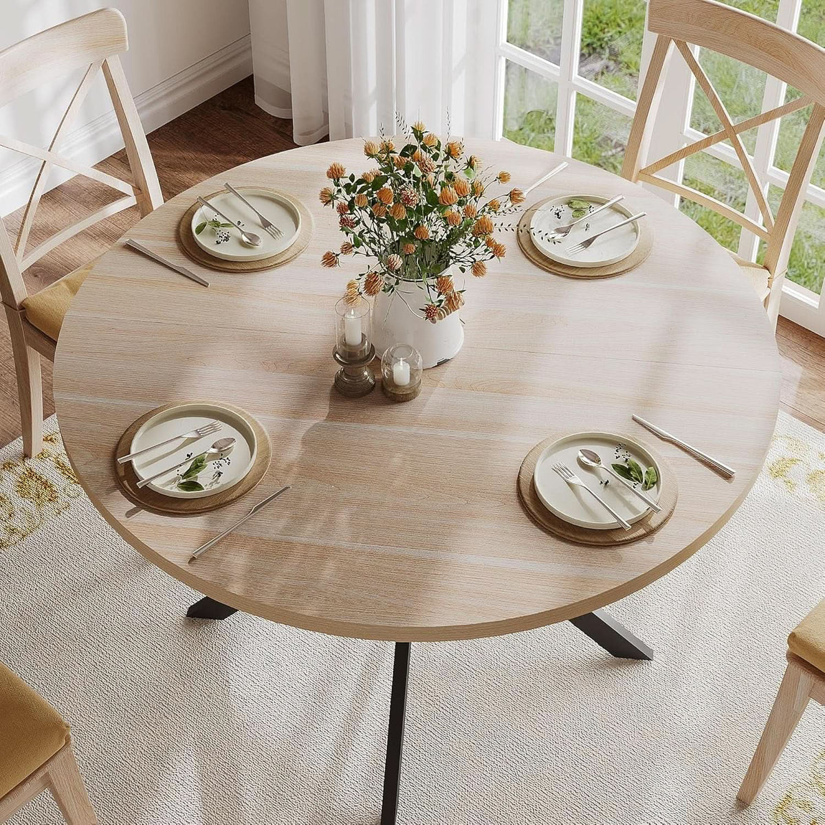 Round 47 Inch Circular Dining Table Natural Oak Finish