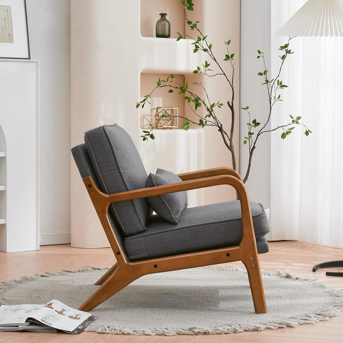 Gray Linen Upholstered MidCentury Chair With Pillow