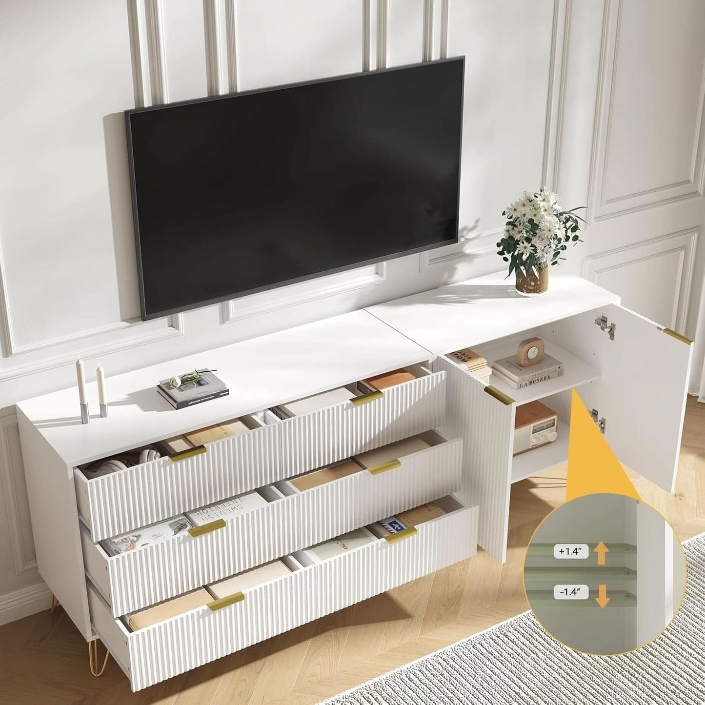 White Fluted TV Stand With Entertainment Center Storage