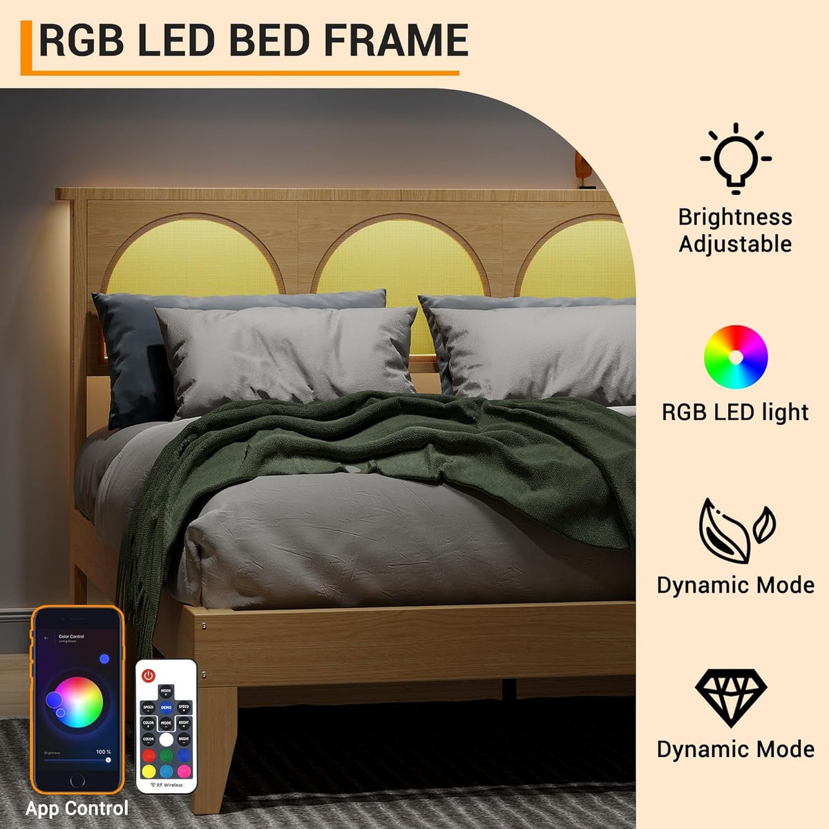 Natural Rattan Platform Bed Queen Headboard LED Underbed
