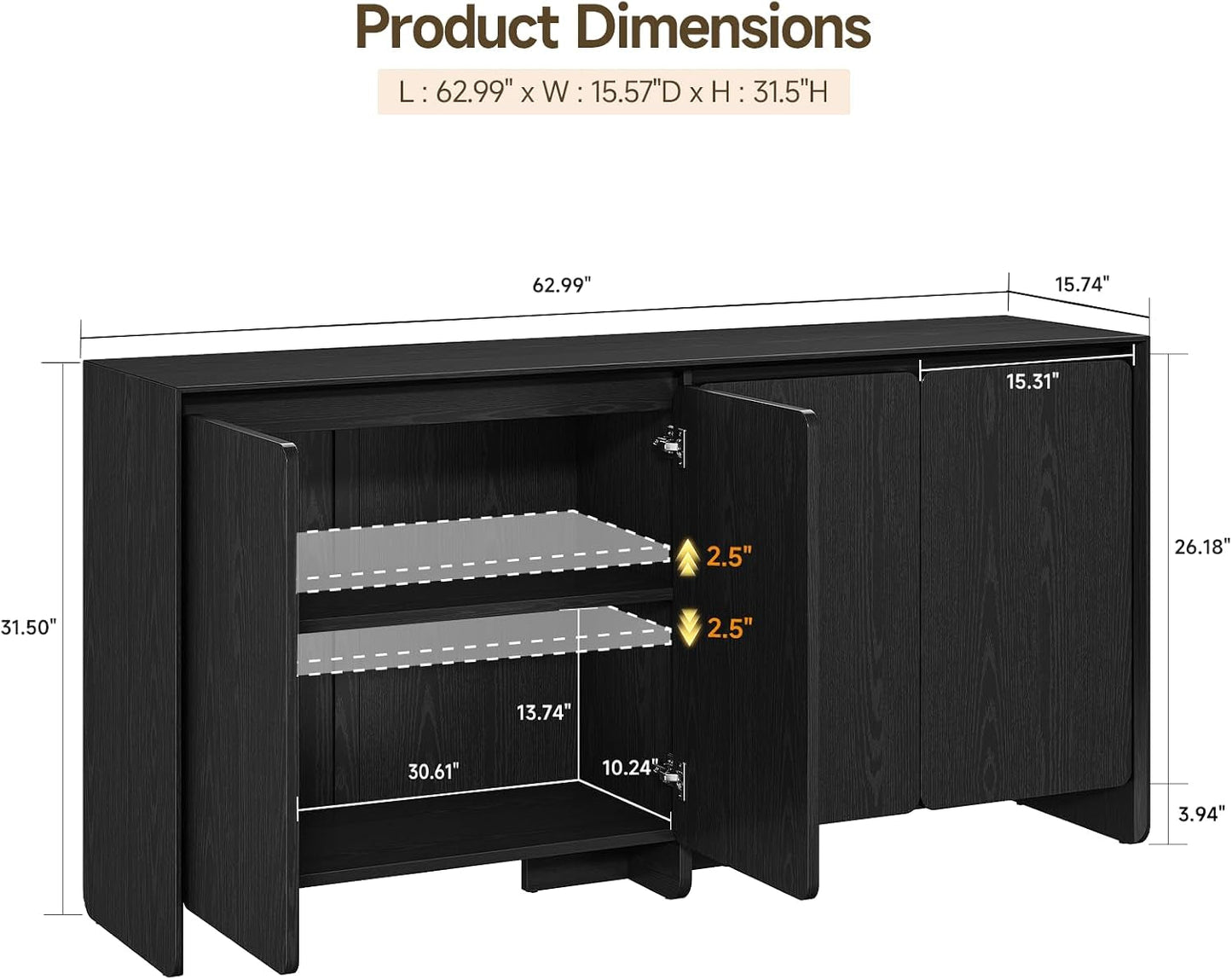 Contemporary 63 Inch Black Sideboard Buffet Cabinet