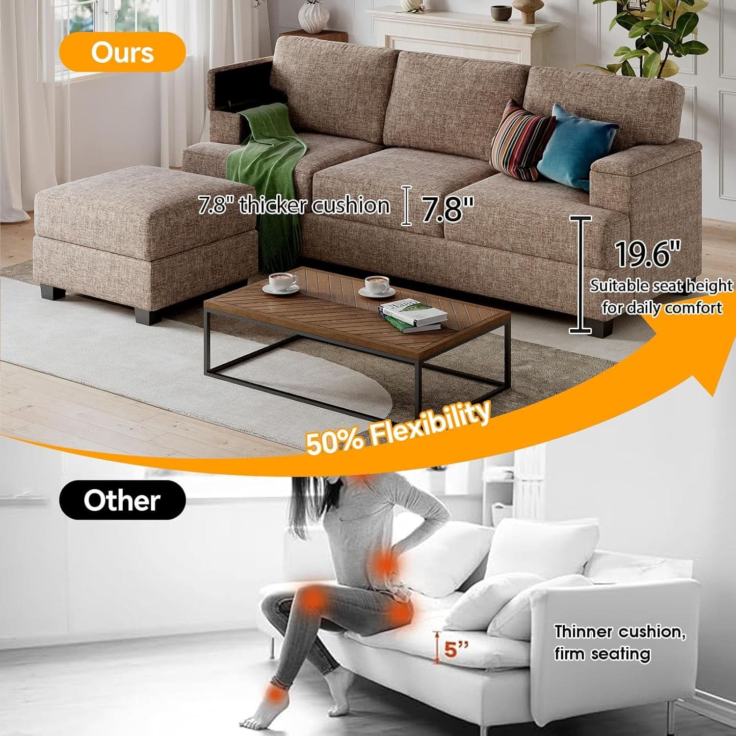85 Inch L Shaped Couch Armrest Organizer Movable Ottoman-3