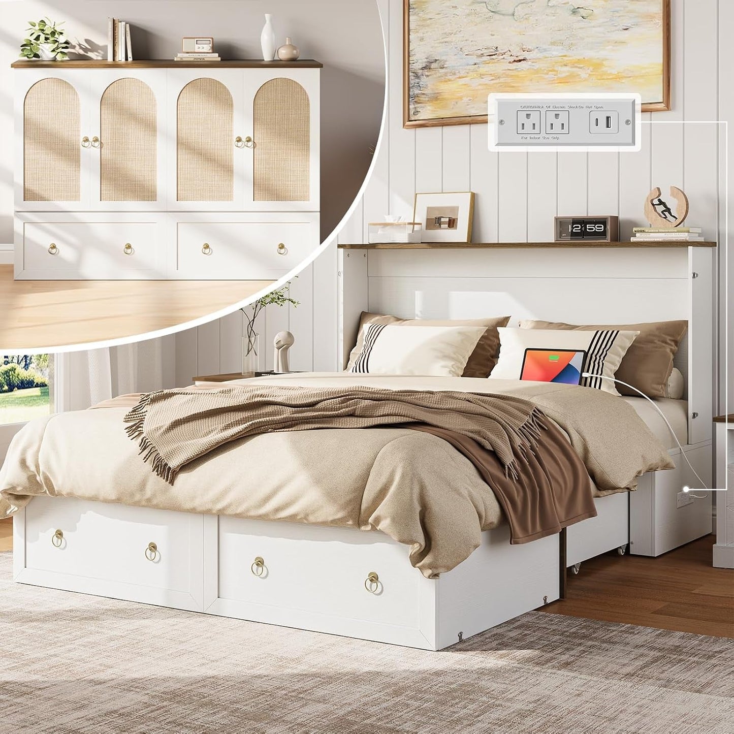 Queen Murphy Bed Space Saving Charging Cabinet Drawers
