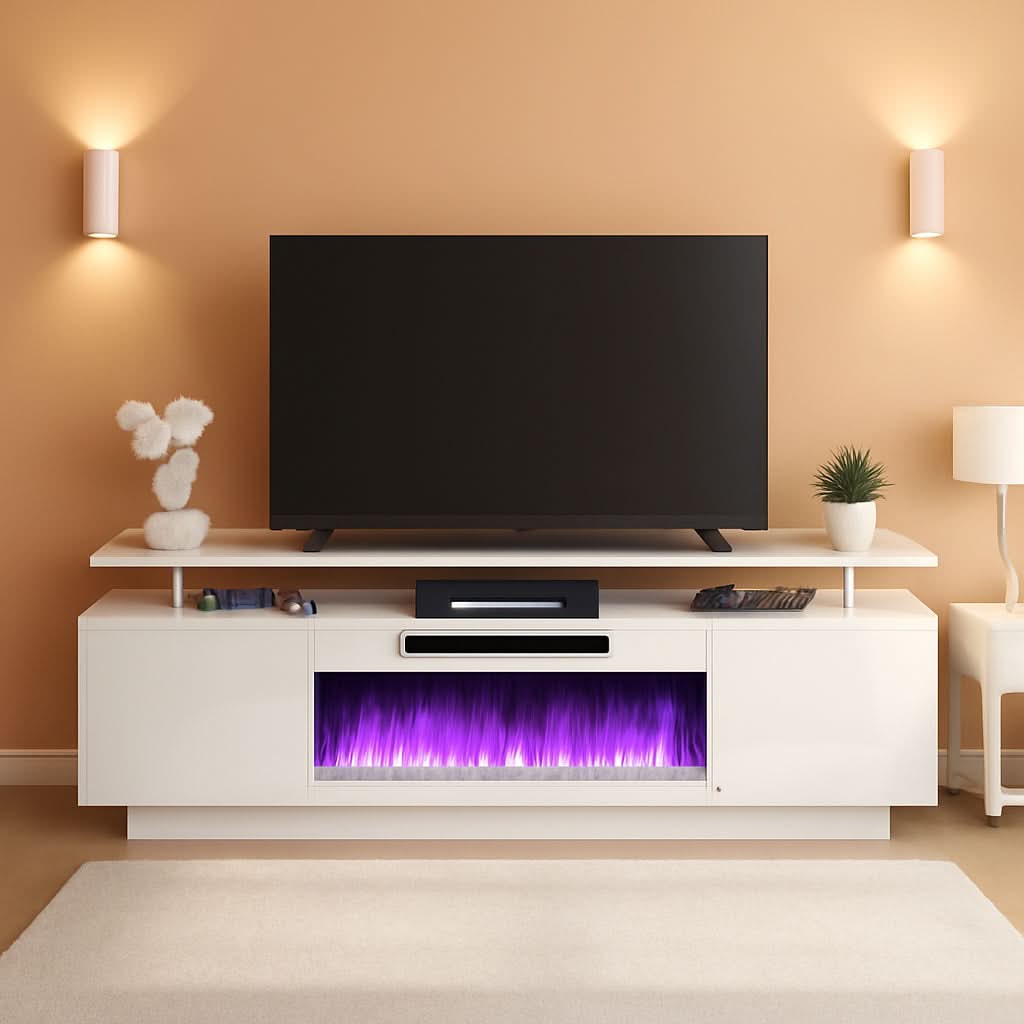 White 36-Inch Electric Fireplace TV Stand With 70-Inch LED Entertainment Center