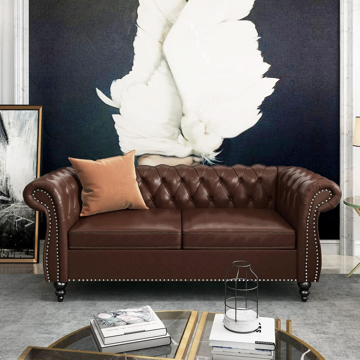 3 Piece Chesterfield Leather Living Room Set Sofa Loveseat Chair Dark Brown with Scroll Arms and Nailhead-3