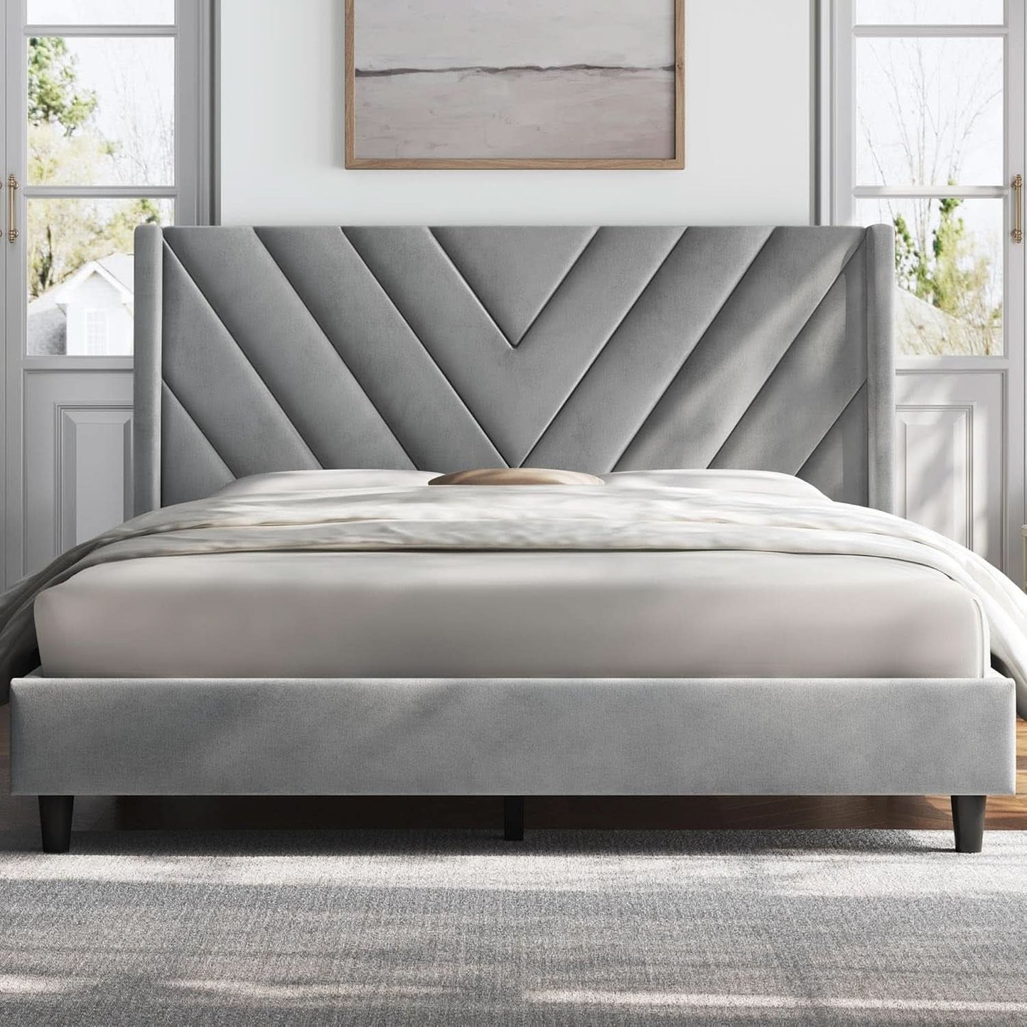 Queen Upholstered Bed Frame With Winged Tufted Headboard Light Gray