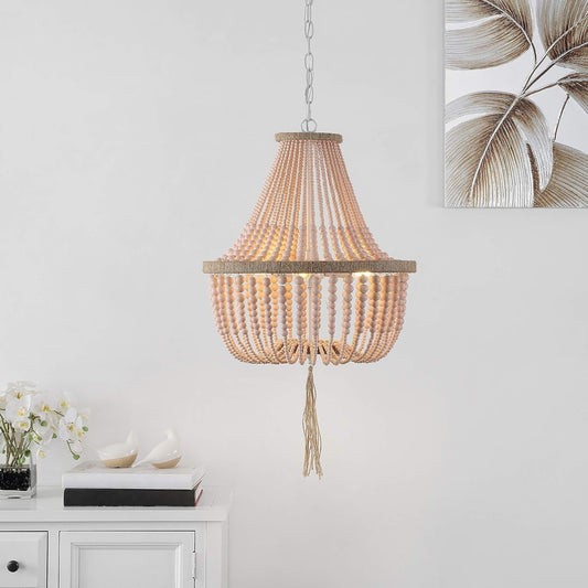 Handcrafted Beaded Blush Pink Three Light Pendant Chandelier-1