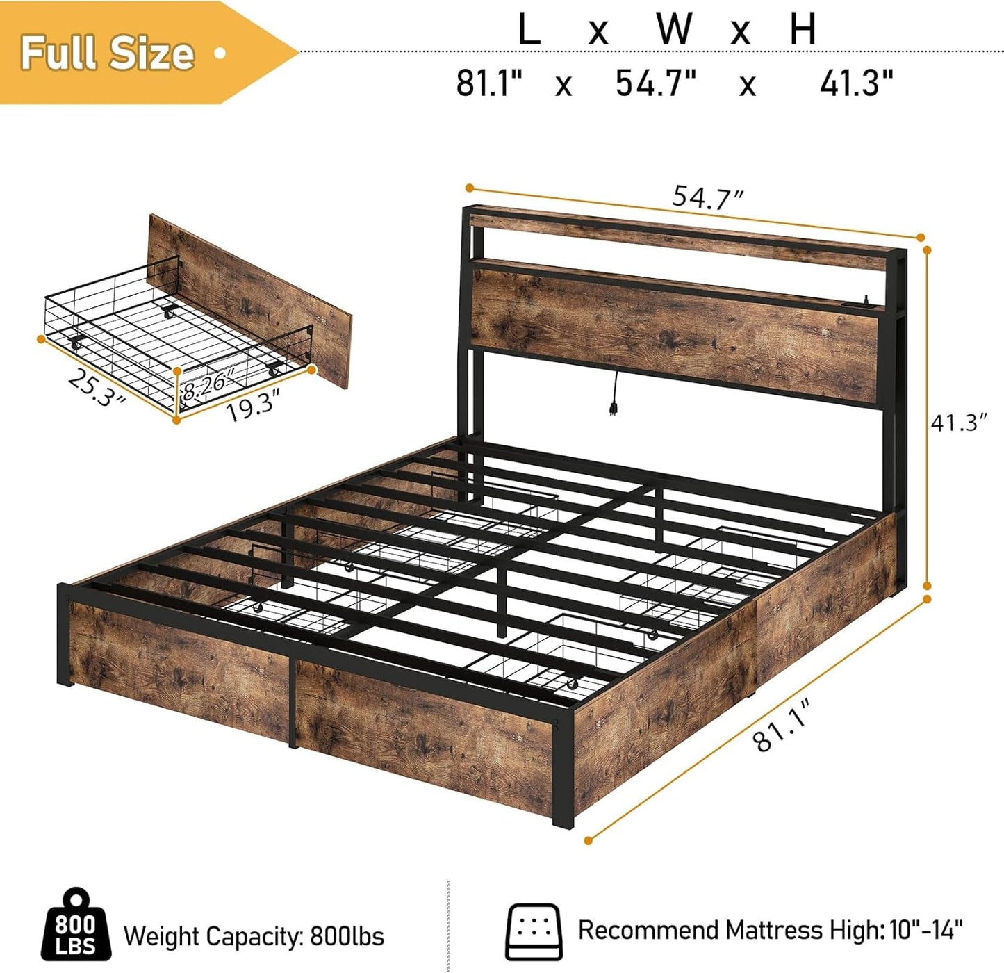 Full Size Platform Bed Frame With USB Charging Station