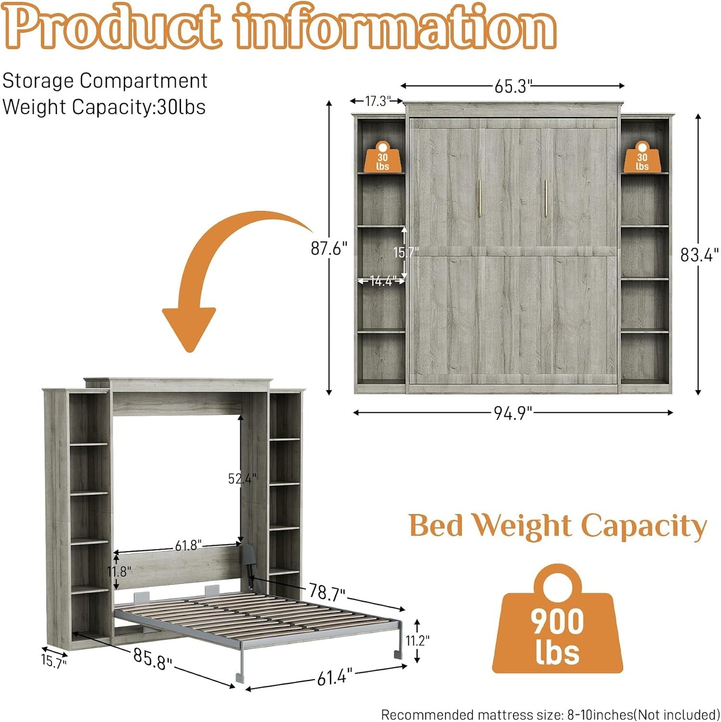 Queen Murphy Bed Cabinet Grey Space-Saving Solution