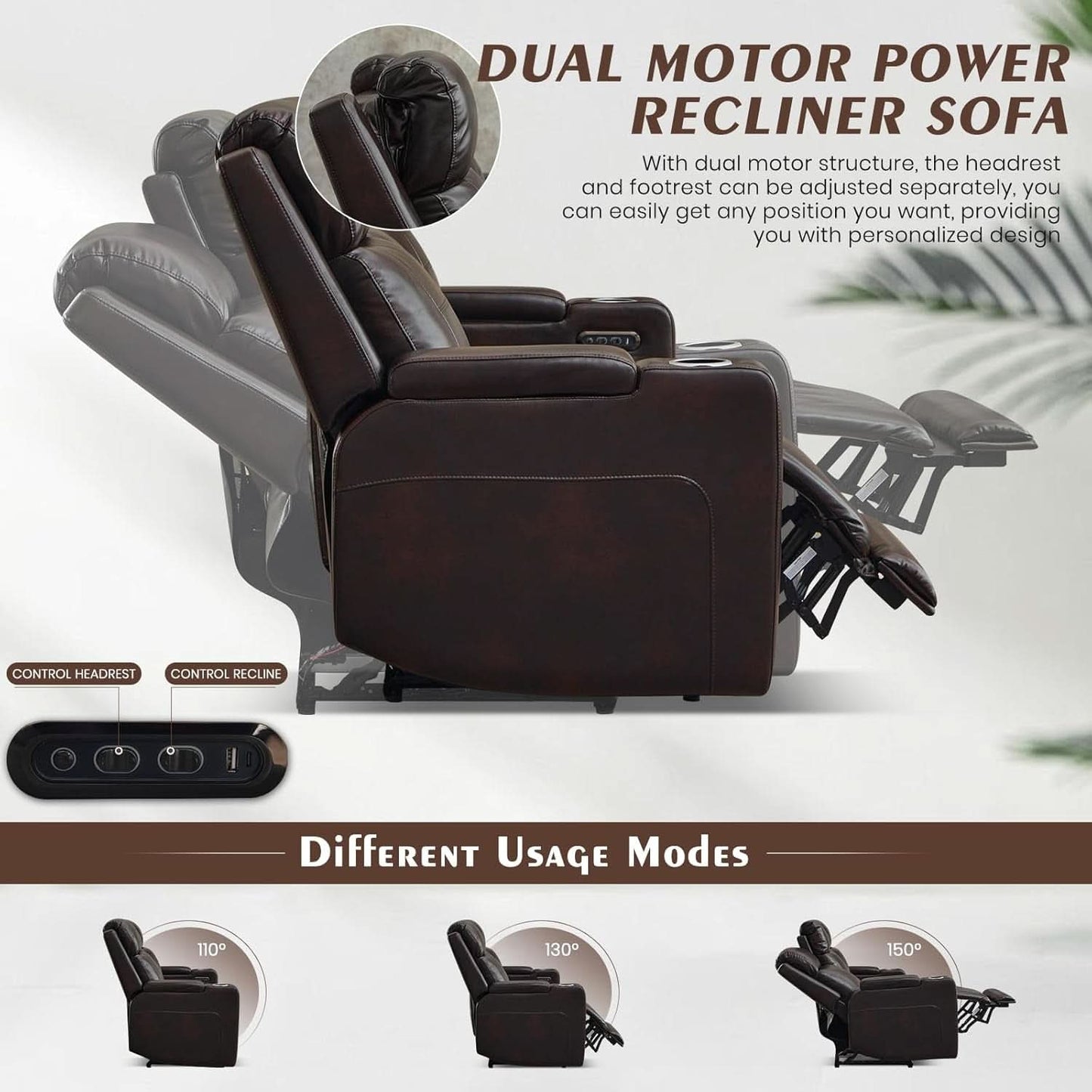 Power Reclining Sofa With Adjustable Headrest Lighting