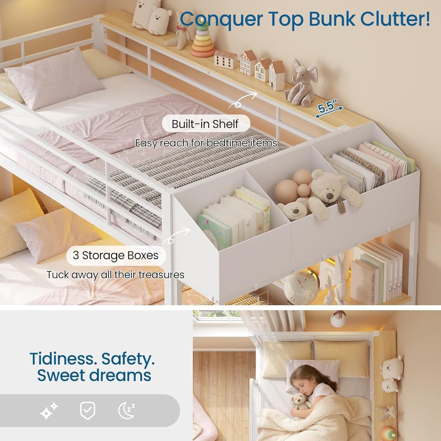 Twin Over Twin Metal Bunk Bed Integrated Storage Drawers