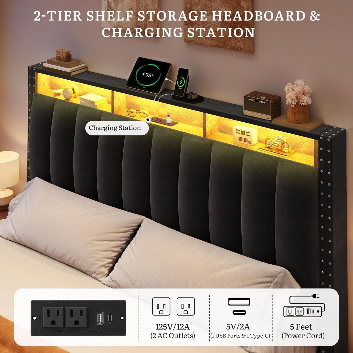 Queen Velvet Upholstered Platform Bed With Drawers