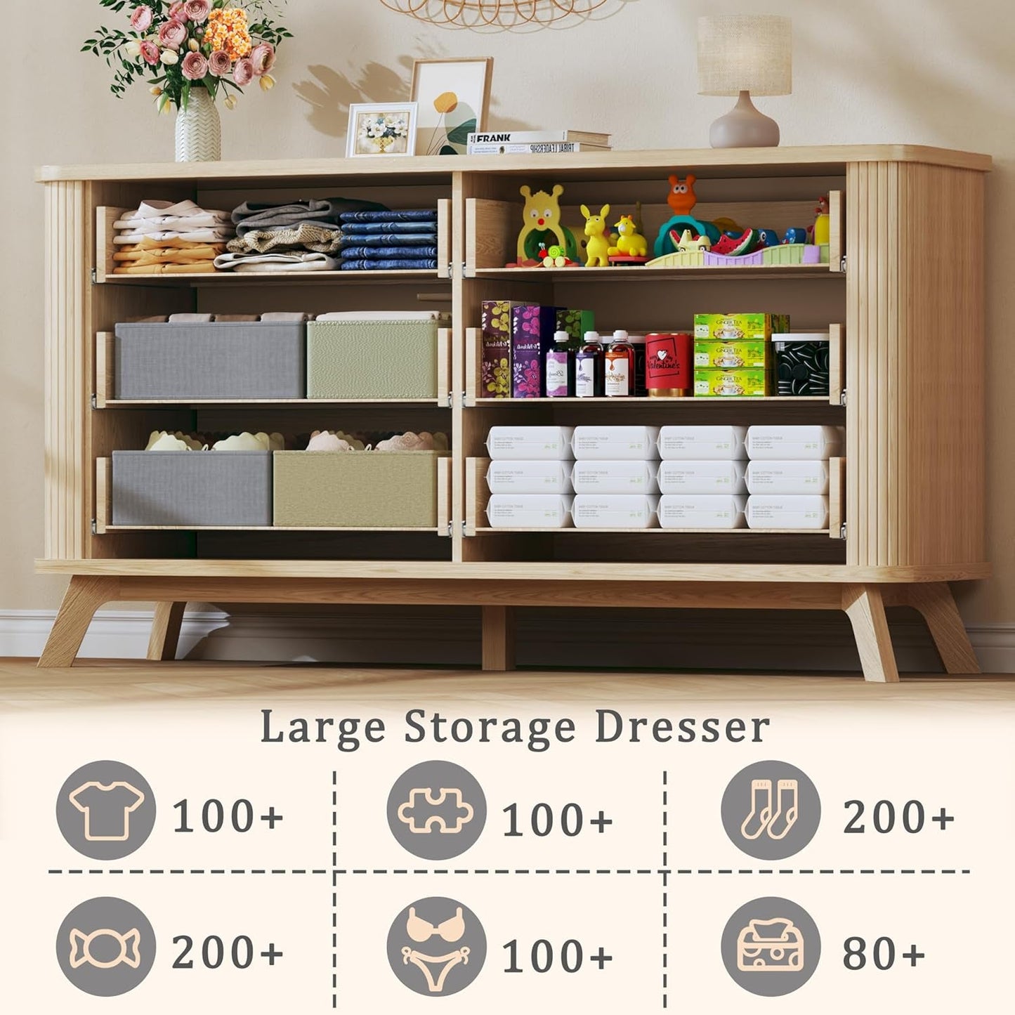 55 Inch Wide Fluted Dresser With Six Drawers Oak Finish