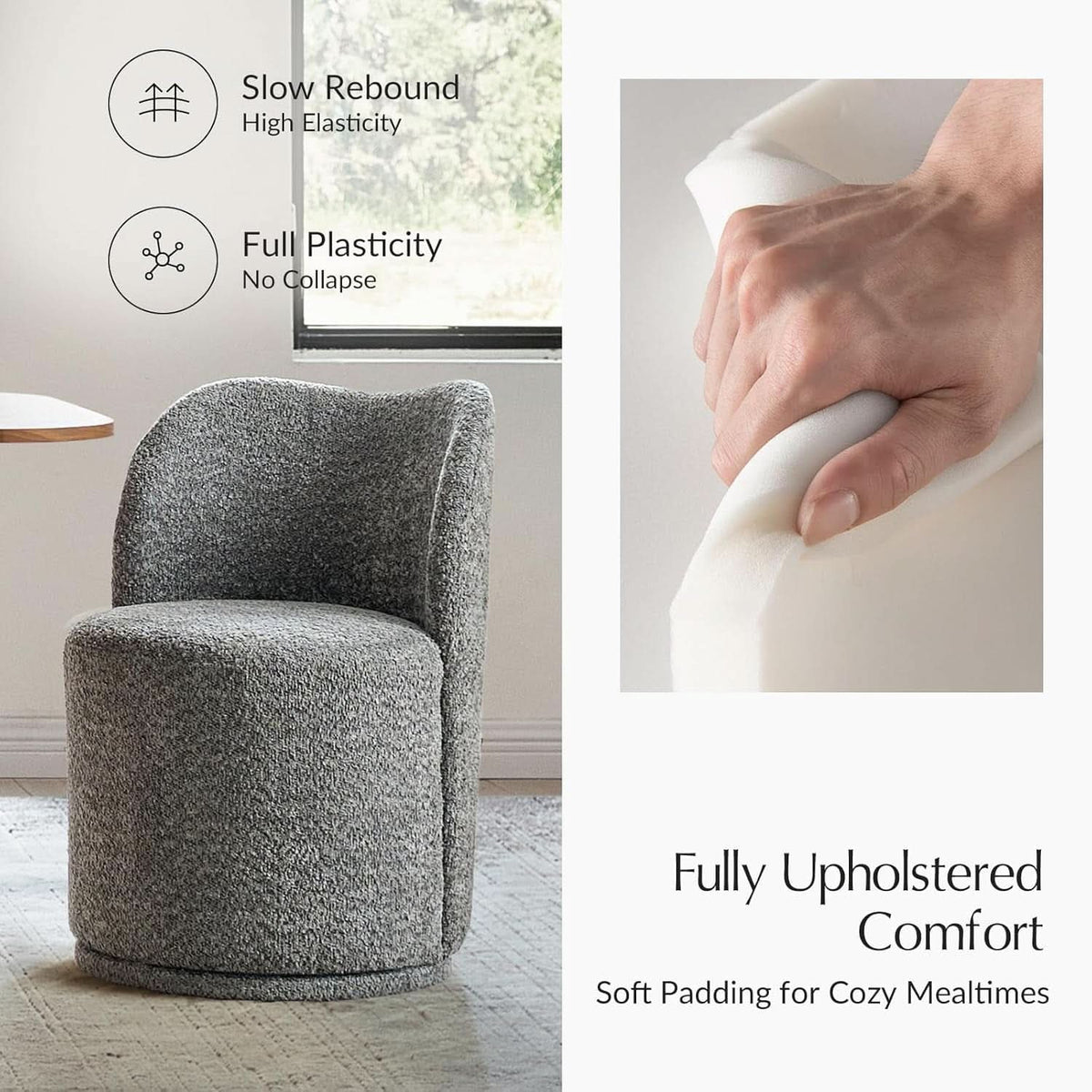 Gray Boucle Swivel Dining Chair ThreeSixty Rotation
